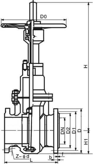 Z43H、Z43X鑄鋼平板閘閥PN16主要零件材質(zhì)主要外形和連接尺寸