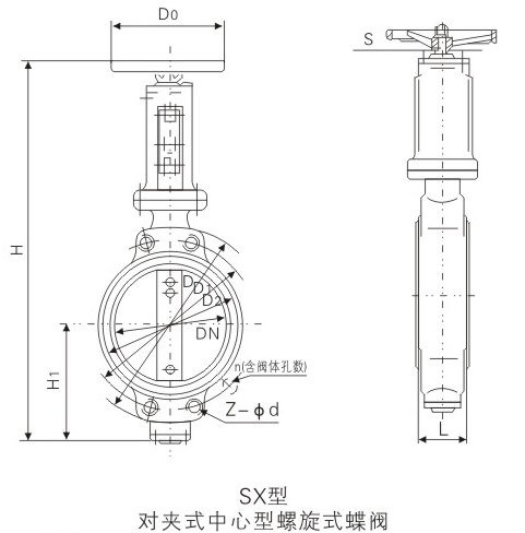 SX對夾式中心型螺旋式船用青銅蝶閥基本尺寸