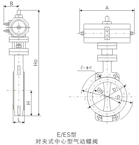 E/ES型氣動對夾式中線鑄鐵蝶閥基本尺寸