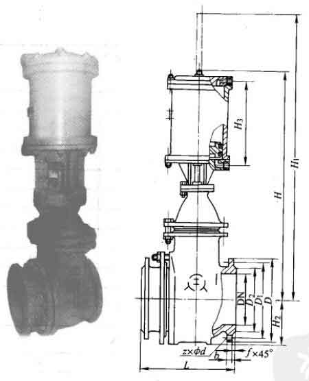 PZ641H型PN16氣動鋼制排渣閘閥主要外形及結(jié)構(gòu)尺寸圖