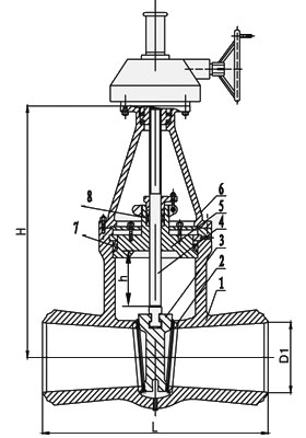 Z560Y-P54100V、Z560Y-P54140V傘齒輪焊接式高壓閘閥主要外形和連接尺寸圖